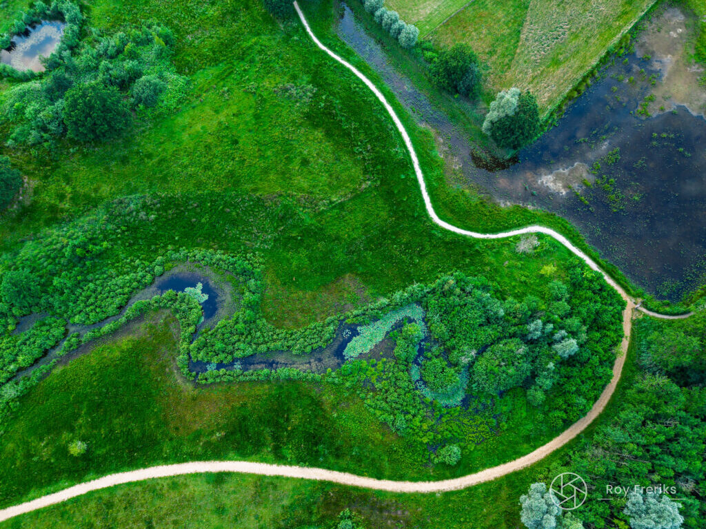 Luchtfoto van een slingerend wandelpad langs een beekje